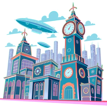 A bustling steam-powered city filled with intricate clockwork machines. The buildings feature ornate brass and copper exteriors, with gears and cogs visible on their façades. Airships of various shapes and sizes float gracefully in the sky, their propellers spinning as they navigate through the clouds. Smoke billows from chimneys and factory stacks, creating a hazy atmosphere. Streets are lined with people in Victorian-style clothing, and the sounds of machinery clanging and steam hissing fill the air. In the foreground, a large clock tower dominates the skyline, its face adorned with gears that turn as the city pulses with life.