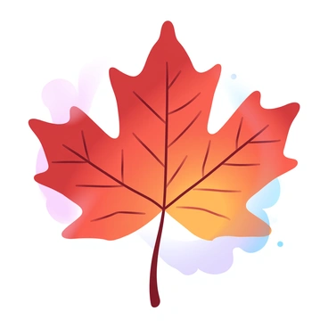 A large tattoo of a "maple leaf" is prominently displayed. The leaf features intricate fine details, showcasing the veins and textured edges. The colors of the leaf transition smoothly in a "gradient" effect, blending shades of red, orange, and yellow. The background is a subtle wash of pastel colors to complement the vibrant hues of the leaf.