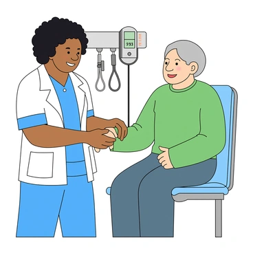 A nurse with medium skin and curly black hair, wearing blue scrubs and a white lab coat, is gently taking a patient's pulse. She has a caring expression on her face, with a slight smile. The nurse is holding the patient's wrist with one hand while using the other hand to check the pulse. The patient, an older individual with gray hair, is sitting comfortably on an examination table, looking reassured. The background features medical equipment like a blood pressure monitor and a stethoscope hanging on the wall.