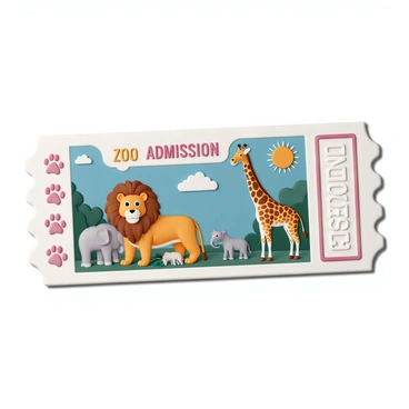 A zoo admission ticket, prominently featuring the text "Zoo Admission Ticket" in bold letters at the top. The ticket has a vibrant background filled with detailed illustrations of various animals. On one side, there is a majestic lion with a flowing mane, its fierce eyes staring forward. Nearby, a tall giraffe with a long neck and distinctive spotted coat grazes on leaves. The ticket also includes smaller images of other animals such as elephants and monkeys, creating a lively scene that represents the diversity of the zoo. The edges of the ticket are adorned with playful paw print designs.