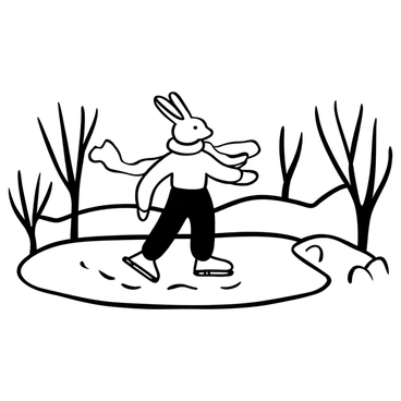 A rabbit figure with long ears wearing a scarf that flows in the wind. The rabbit is ice skating on a frozen pond, leaving smooth lines on the surface of the ice. Surrounding the pond are bare trees with branches extending toward the sky. There are faint outlines of snow-covered hills in the background. The scene conveys a sense of winter activity and movement.