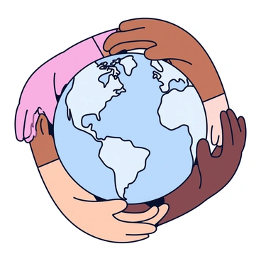 A globe is being held by multiple hands of different ethnicities. Each hand is distinct in skin tone, showcasing a variety of shades that represent diversity. The globe is detailed with countries, oceans, and geographical features clearly visible. The hands are positioned around the globe, symbolizing unity and collaboration across cultures. The background is a simple, solid color to emphasize the hands and the globe.