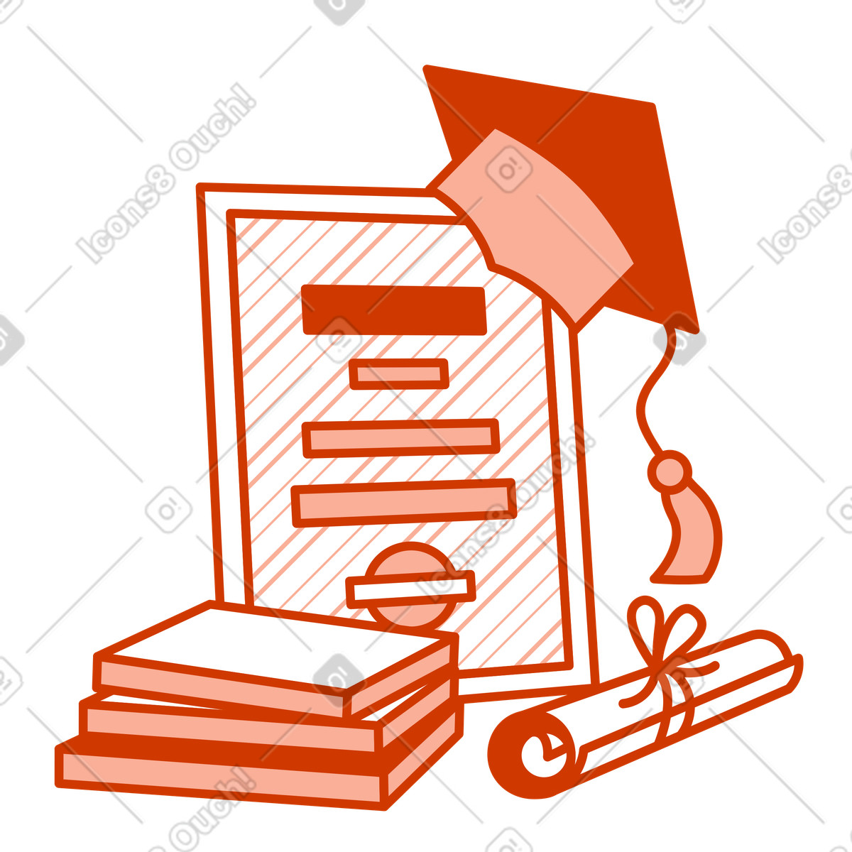 Ilustração de Diploma, chapéu formatura, certificado e livros em no estilo Natty para baixar em PNG, SVG