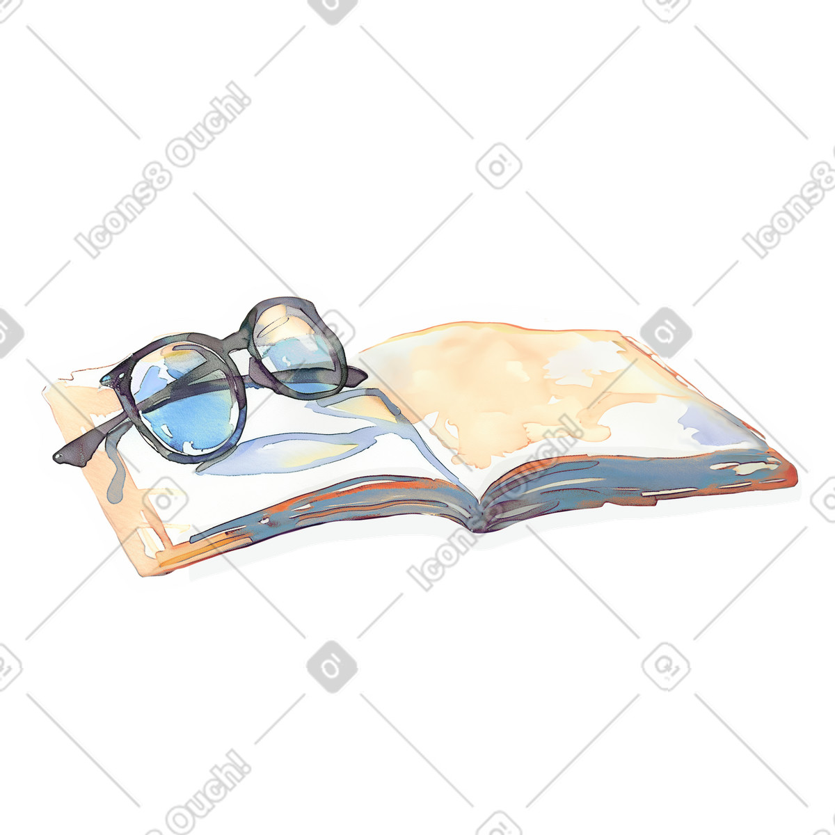 下载 Watercolor 风格的 带着眼镜打开的书 插画，支持 PNG、SVG 格式