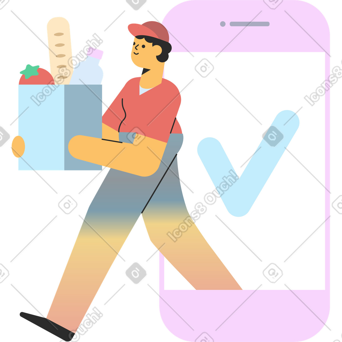 下载 Marginalia 风格的 Delivery man with goods coming from phone 插画，支持 PNG、SVG 格式