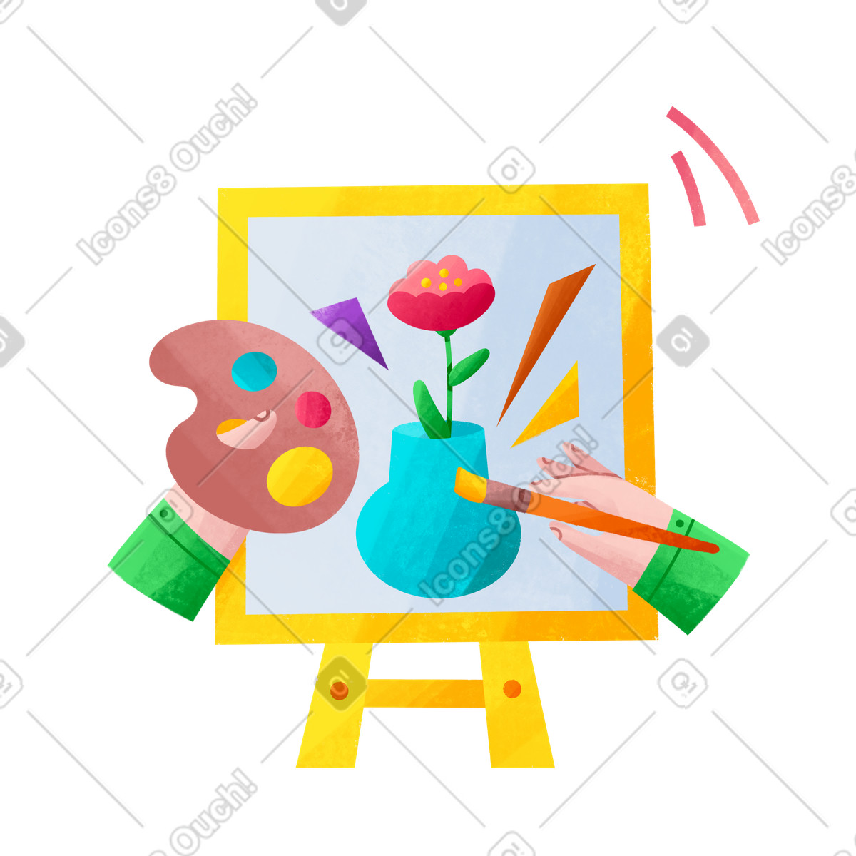 Colorful flower vase artwork on easel, Creative workshop and hobby illustrazione in stile Bonbon scarica in PNG, SVG