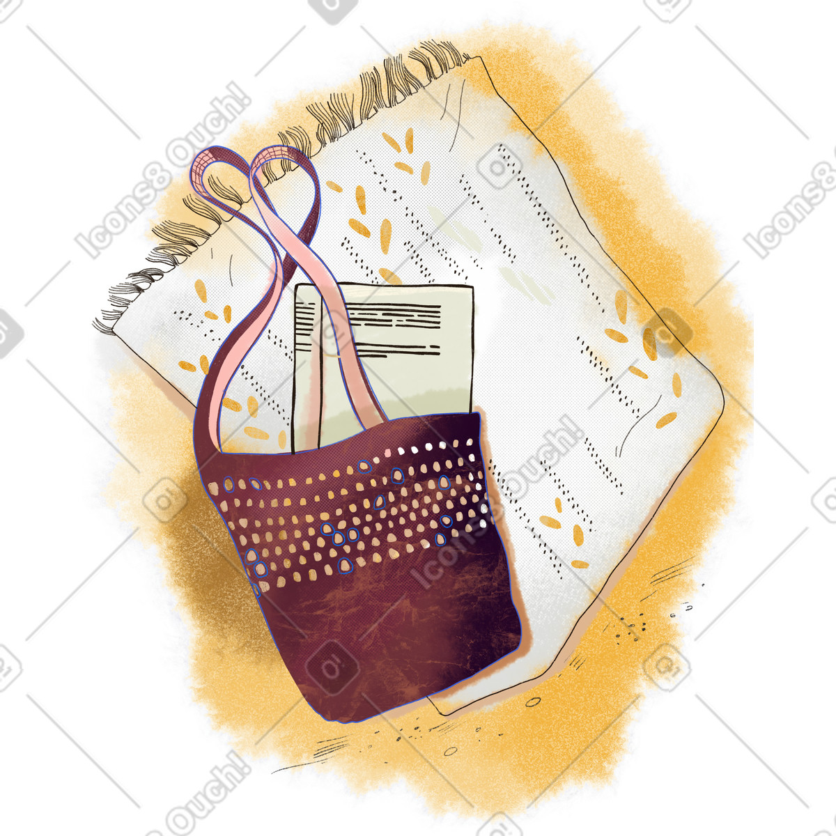 Moments スタイルの Beach bag and plaid on golden sand のイラストをPNG、SVG形式でダウンロード