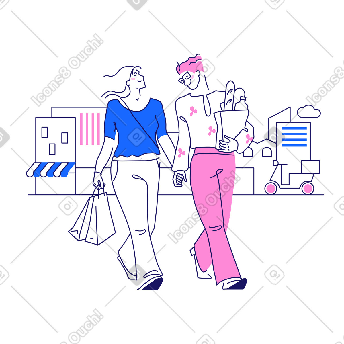 Ilustración Dos amigas van de compras la mano en el fondo del café ciudad estilo Matey a descargar PNG y SVG