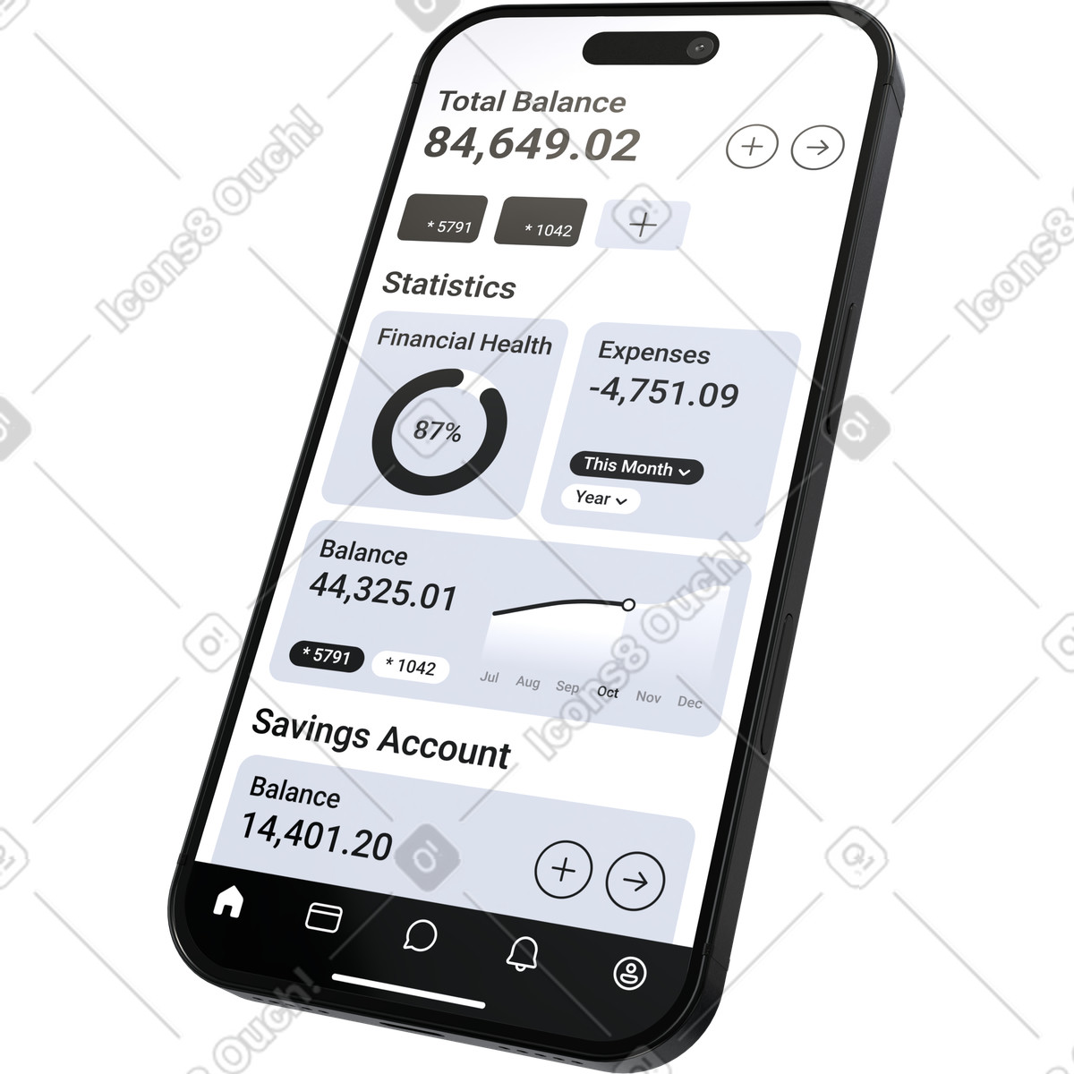 Illustration Application bancaire mobile, tableau de bord des finances personnelles, aperçu du compte dans le style 3D Pro à télécharger aux formats PNG, SVG