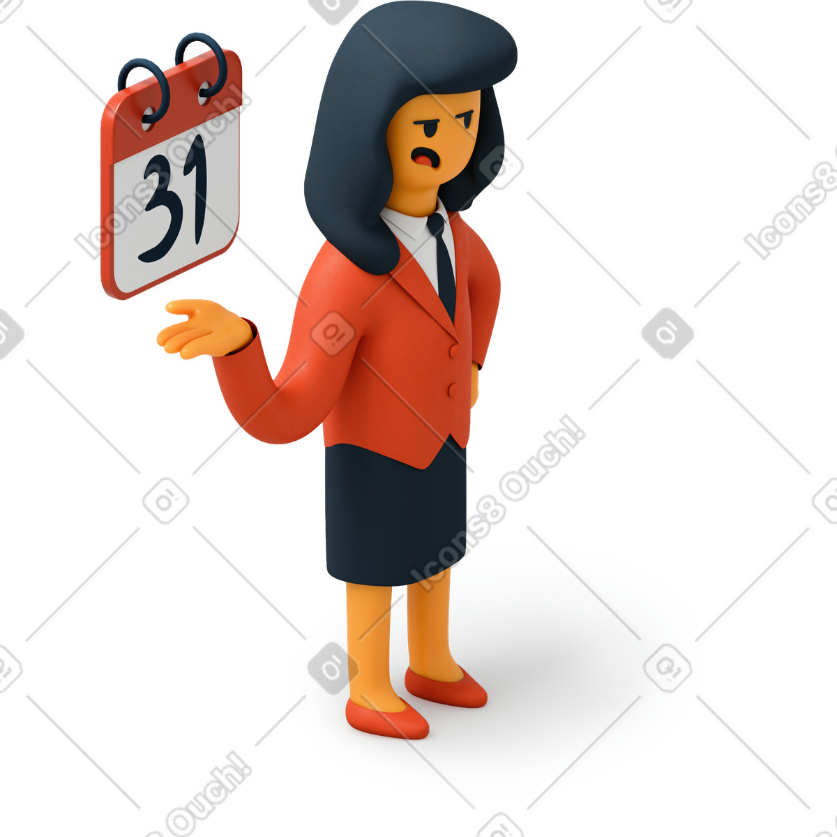 下载 3D Flame 风格的 显示每日日历的西装的女人 插画，支持 PNG、SVG 格式