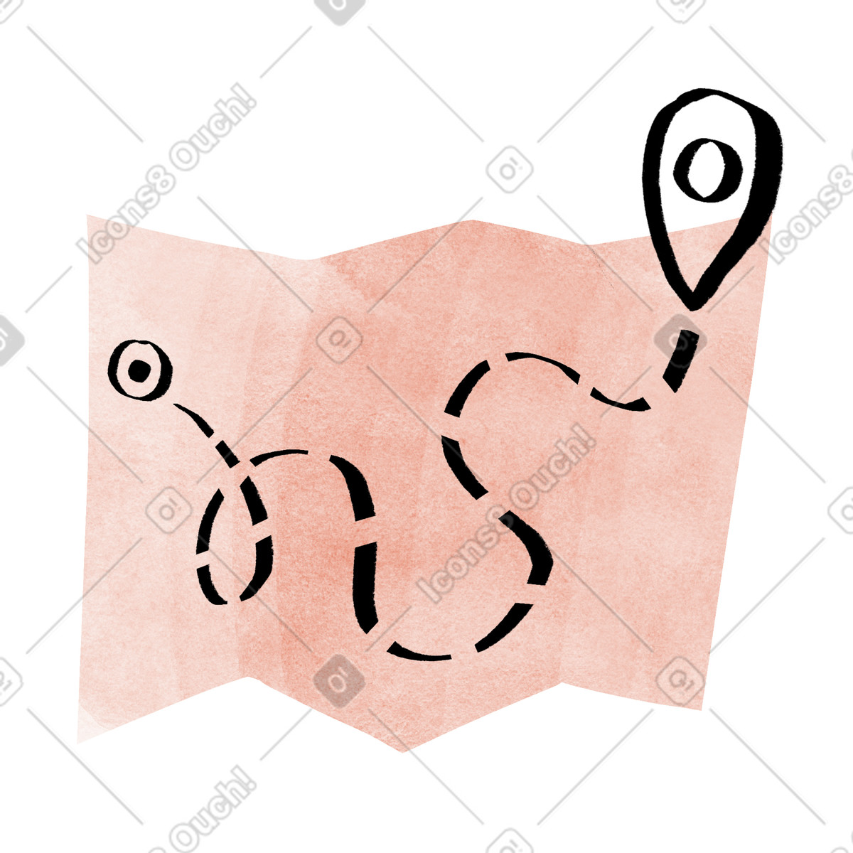 Folded map with dashed route and location pin, Navigation travel planning animated illustration in Hand-drawn animation style download in GIF, Lottie (JSON), AE