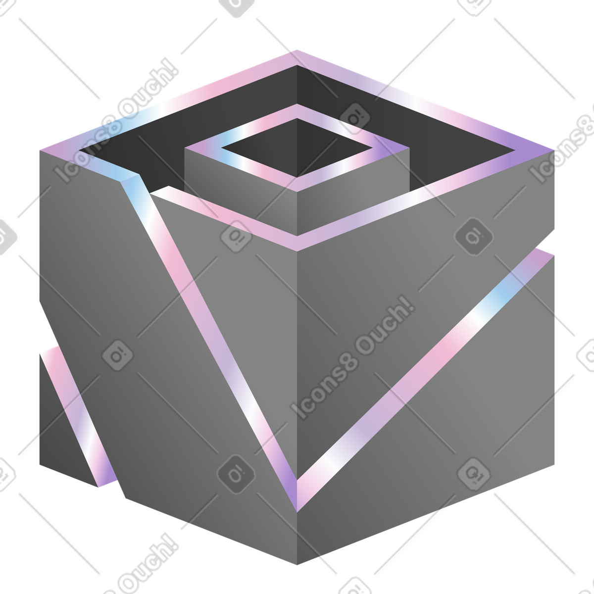 Futuristic metallic cube with gradient outlines illustration in Illusion style download in PNG, SVG