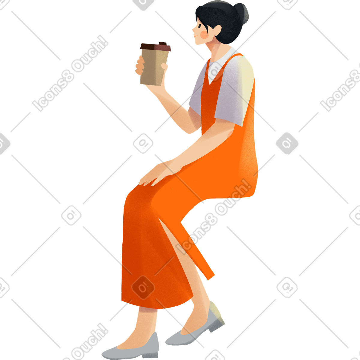 Illustration Young woman in orange dress sitting and drinking coffee dans le style Shine à télécharger aux formats PNG, SVG