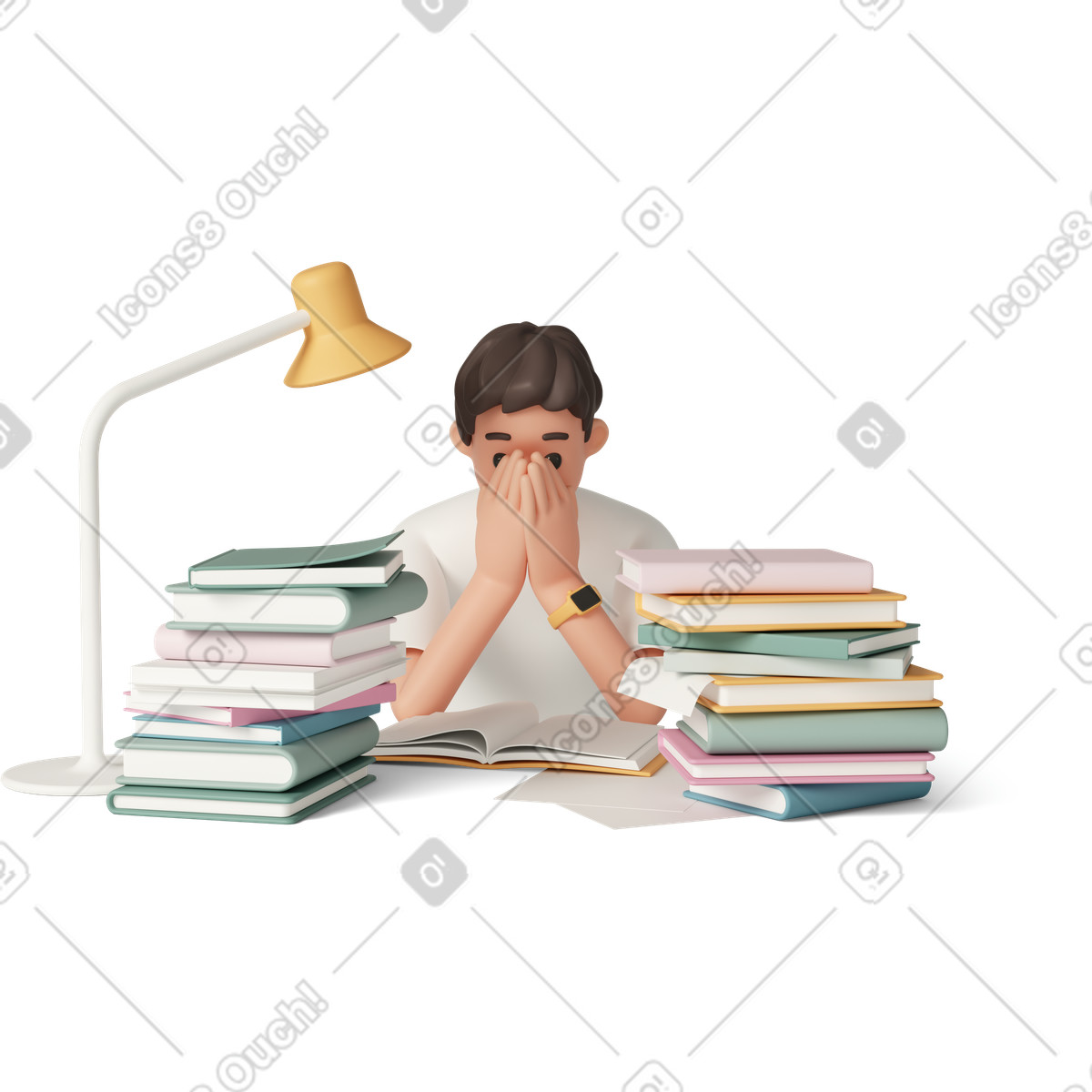 Tired man surrounded by stacks of books illustration clipart image in PNG SVG GIF