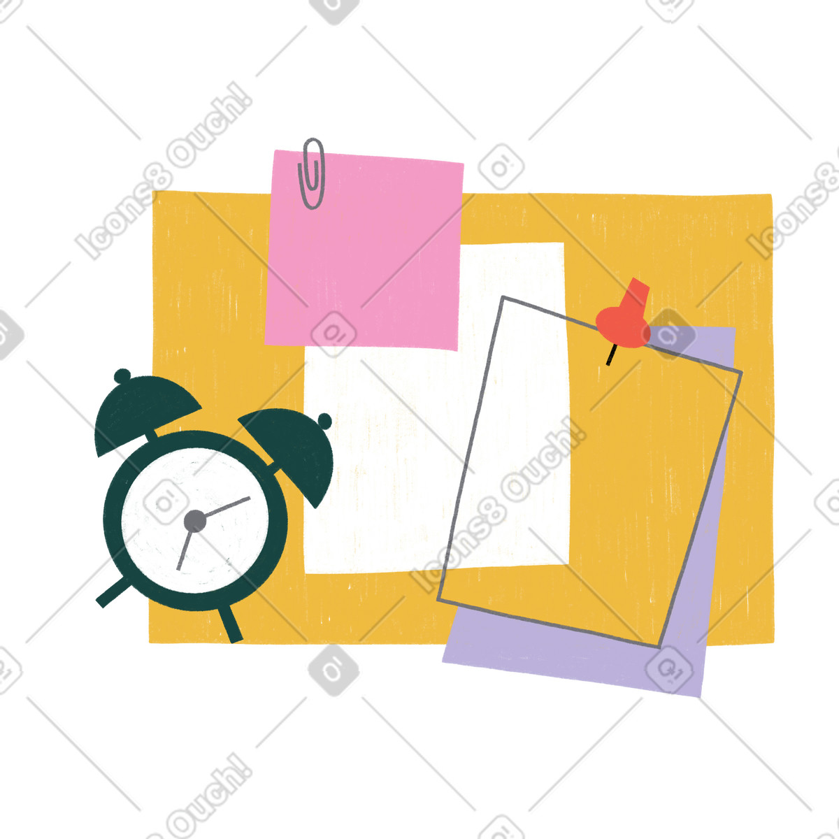 Board with post it notes and an alarm clock for planning illustration in Tutti style download in PNG, SVG
