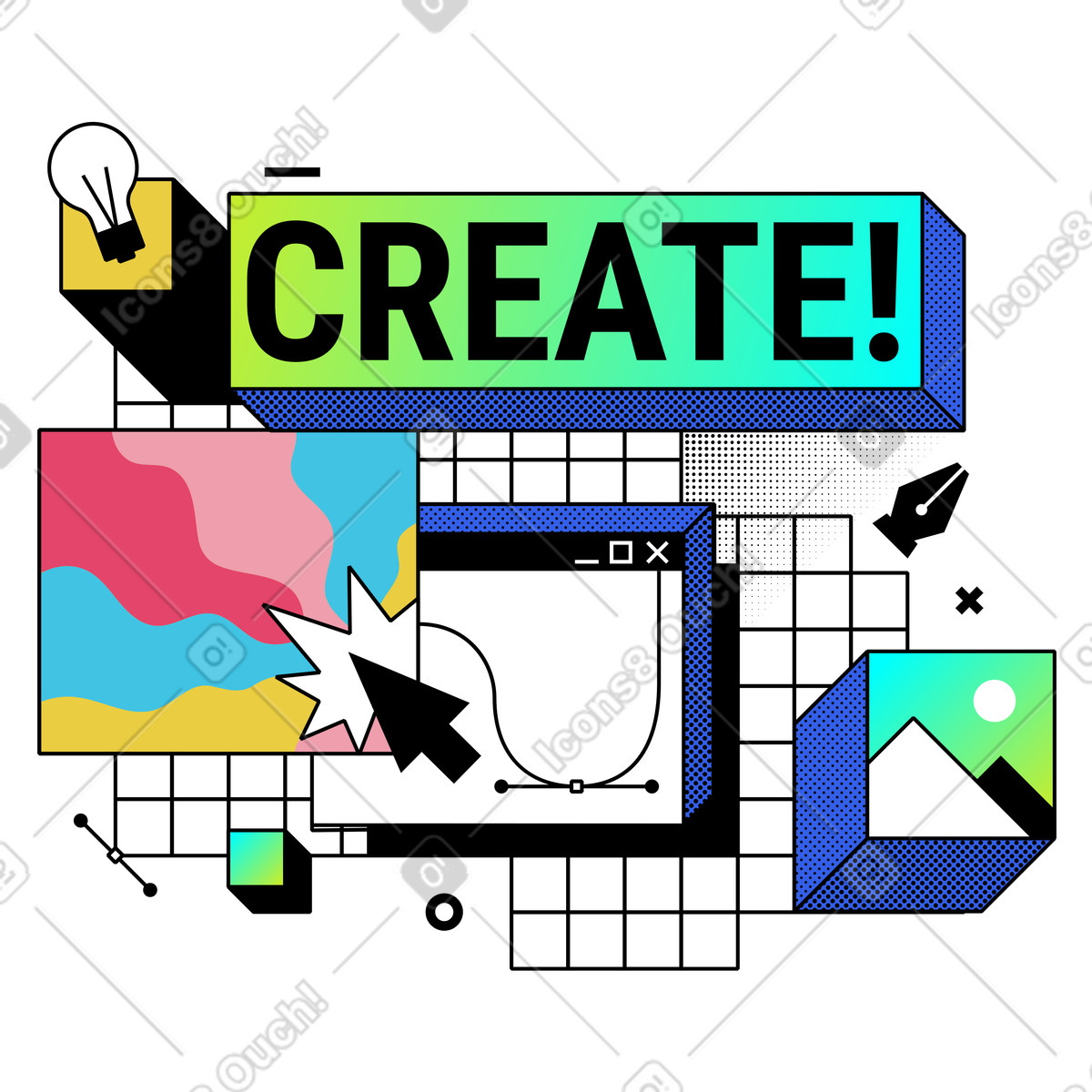 Web design con la parola creare illustrazione animata in stile Memphis scaricabile in GIF, Lottie (JSON), AE