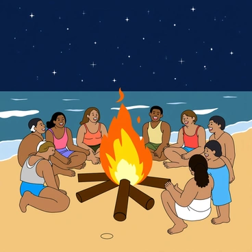A large bonfire with bright orange flames is burning on a sandy beach. Several people are gathered around the fire, some sitting on the sand and others standing, all enjoying the warm glow. The group consists of individuals of diverse backgrounds, wearing casual beach attire such as shorts and tank tops. They are singing together, with smiles on their faces. The night sky is filled with numerous twinkling stars, casting a soft light over the scene. In the background, gentle waves can be seen lapping at the shore, complementing the joyful atmosphere of the moment.