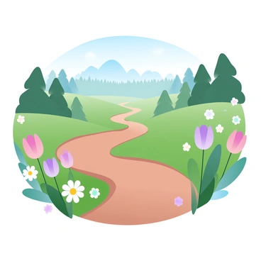 A winding dirt trail meanders through a vibrant field filled with various colorful flowers such as tulips, daisies, and poppies. Each flower adds a splash of color to the landscape, creating a beautiful contrast against the lush green grass. In the distance, a dense forest emerges, with tall trees that stretch towards the sky. The trail gradually leads towards the forest, inviting exploration and adventure. Soft sunlight filters through the scene, enhancing the brightness of the flowers and the greenery.