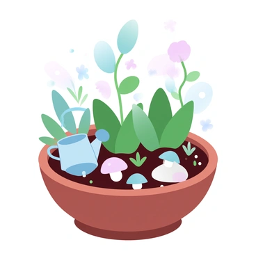 A tiny fairy garden is nestled in a small, wooden container filled with rich, dark soil. Beside the vibrant green plants are several tiny mushrooms, varying in color and shape, scattered throughout the garden. A miniature watering can, painted in pastel colors, rests next to the plants, adding a whimsical touch to the scene. Delicate leaves and small flowers are sprouting among the mushrooms, creating a lush and enchanting environment. The overall composition is inviting and charming, showcasing the intricate details of this magical setting.