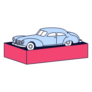 A classic vintage car with a sleek design and shiny chrome accents is illustrated on the side of a matchbox. The car has a soft blue color with whitewall tires and distinctive round headlights. The matchbox is a deep red color, providing a striking contrast to the car's design. The illustration captures the car in profile, showcasing its elegant curves and stylish silhouette.