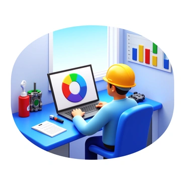 An engineer sitting at a desk, focused on analyzing car engine performance statistics displayed on a laptop screen. The engineer wears a safety helmet and has a notepad beside the laptop, filled with calculations and notes. The laptop shows colorful graphs and data points regarding engine performance. There are tools and mechanical parts scattered around the workspace, suggesting an active engineering project. A window in the background lets in natural light, illuminating the technical and organized environment.