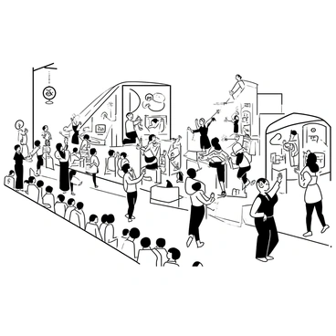 A busy local festival taking place on a street lined with spectators. Colorful parade floats are moving down the road, each float decorated with various festive elements. Performers in elaborate costumes are dancing alongside the floats, showcasing intricate designs and patterns. Some performers are juggling or waving to the crowd, while others are playing musical instruments. The atmosphere is filled with excitement as people are gathered to enjoy the festivities, with vendors selling food and drinks in the background.