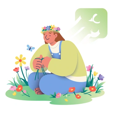 A young person with light brown hair is sitting cross-legged in a meadow filled with vibrant wildflowers. They are weaving a crown made of colorful flowers, including yellow daisies, purple clover, and red poppies. Soft sunlight filters through the leaves of nearby trees, creating patches of light on the ground. The grassy meadow is dotted with various shades of green and splashes of color from the blooming flowers. In the background, a gentle breeze rustles the tall grass, and a few butterflies flutter nearby. The young person's expression is focused and serene as they carefully thread the flowers together.