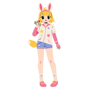 An anime character with large, expressive eyes and vibrant hair stands confidently. The character is wearing a cute animal-themed outfit that features oversized ears on a headband and a fluffy tail attached to the back. The outfit is adorned with playful patterns and bright colors, including pinks and blues. The character is in a dynamic pose, showcasing their outfit, with a cheerful smile on their face. A small, colorful sidekick animal, such as a squirrel or a bunny, is perched on the character's shoulder, adding to the playful theme of the image.