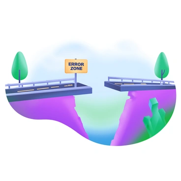 A bridge spanning a wide chasm, with a noticeable gap in the roadway. The gap is marked by a bright yellow sign displaying the words "Caution: Error Zone" in bold black letters. On either side of the gap, the bridge features sturdy railings with a modern design. Surrounding the bridge, there are green trees and a clear blue sky, creating a sense of depth and contrast. The scene captures the focus on safety and awareness regarding the bridge's condition.