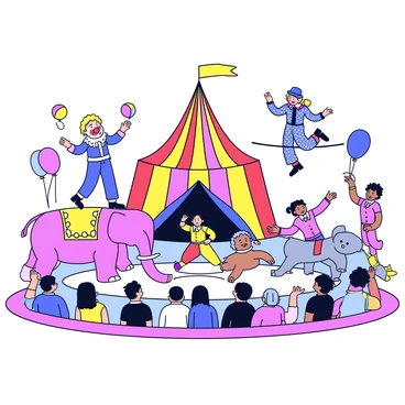 A lively circus scene featuring a colorful striped tent. In the center, a clown with a big red nose is juggling colorful balls. Nearby, a tightrope walker in a sparkly costume is balancing gracefully on a thin rope. A group of acrobats in matching outfits are performing a human pyramid. You'll also see a majestic elephant decorated with bright fabrics, and a playful dog jumping through a hoop. The ground is covered with vibrant sawdust, and there are balloons floating in the air. The audience is gathered around, watching in excitement.