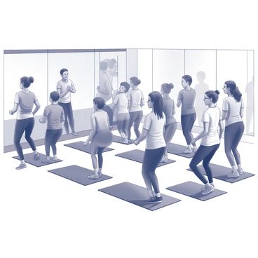 A fitness class takes place in a spacious indoor studio. Numerous participants are engaged in various workout routines. Some individuals are performing high-intensity exercises, such as jumping jacks and burpees, while others are using exercise mats for floor workouts. The instructor stands at the front, demonstrating movements with enthusiasm, encouraging the class with vocal cues. The participants exhibit diverse body types and levels of fitness, reflecting a vibrant community atmosphere. Each person is focused and determined, sweat glistening on their foreheads as they push through the workout. The walls of the studio are mirrored, amplifying the energy of the class. The scene captures the spirit of teamwork and motivation.