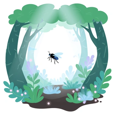 A fly is gliding through a dense, lush forest filled with vibrant green foliage. Sunlight filters through the canopy, creating beams of soft light that illuminate the surrounding plants. The forest floor is covered with rich, dark soil and a variety of underbrush, including ferns and small flowers. Tall trees with textured bark rise majestically, their leaves forming a thick ceiling above. The atmosphere is alive with shades of green and hints of pastel colors reflecting in the light.