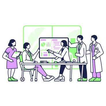 A group of doctors and nurses is gathered around a large table in a hospital conference room. The doctors, wearing white coats, are discussing various patient care strategies, while the nurses in scrubs take notes on clipboards. One doctor points at a large monitor displaying patient data and charts. On the table, there are papers with diagrams and notes, as well as a stethoscope and a pen. Bright lights illuminate the room, and a large window shows glimpses of the hospital exterior.