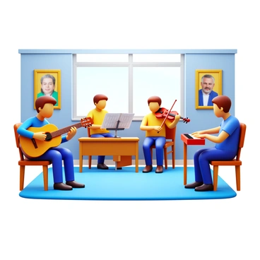 A music classroom featuring students engaged in playing various musical instruments. One student is seated on a stool strumming an acoustic guitar, while another is playing a keyboard with focused concentration. In the background, a student is holding a violin, preparing to join in. Music stands are arranged around the room, each displaying sheet music. The walls are adorned with posters of famous musicians, and light comes in through large windows, illuminating the vibrant scene.