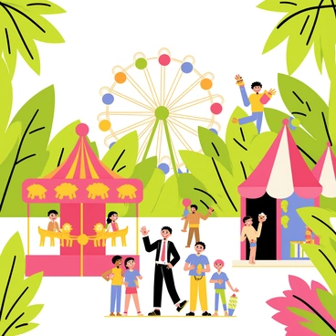 A vibrant carnival set in a lush green jungle with towering trees and colorful flowers. Children are laughing and playing, some riding on a bright red carousel adorned with golden animals. Nearby, a colorful Ferris wheel spins slowly, with excited kids waving from the seats. Different types of jungle animals, such as a playful monkey swinging from a branch and a curious parrot perched on a booth, add to the lively atmosphere. Stalls with balloons, cotton candy, and games line the paths, while the sounds of joyful music fill the air, creating a lively scene of fun and adventure in the heart of the jungle.