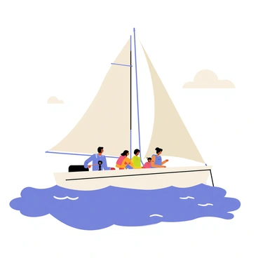 A father steering a small sailboat across a calm sea. The sailboat has two large white sails billowing in the wind, catching the sunlight. A mother and two children are sitting on the deck, enjoying the ride. The family members are wearing colorful life jackets. The water is a vivid blue, and there are gentle waves surrounding the boat. In the sky, a few fluffy white clouds drift by, completing the scene.