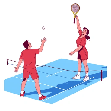 Two players are on a court, deeply focused and determined as they engage in a practice match. One player, wearing a red jersey, is poised to serve, holding a yellow tennis racket high above their head. The other player, dressed in a matching red outfit, is positioned ready to return the serve. The court is marked with bright white lines, and the surrounding area is clear of distractions, emphasizing the intensity of their practice session. The sun casts sharp shadows on the surface, highlighting the determination on their faces.