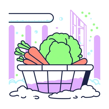 A rustic basket made of woven wood is positioned on a snowy porch. The basket is overflowing with winter vegetables, including a round green cabbage with tightly packed leaves and several vibrant orange carrots with their green tops still attached. Snowflakes are gently falling around the basket, while a dusting of snow covers the porch floor and the edges of the basket. In the background, there are wooden beams of the porch, partially obscured by the snowfall.