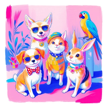 A group of pets is posing together for a fashion shoot. A small dog is wearing a brightly colored polka-dot bow tie and stylish sunglasses. Next to it, a fluffy cat is dressed in a striped sweater and a tiny beret. A rabbit, with large floppy ears, is sporting a floral-patterned scarf around its neck. In the background, a parrot perches on a stand, wearing a sparkling necklace. The scene is vibrant and filled with playful energy as the pets showcase their unique outfits, striking various poses.