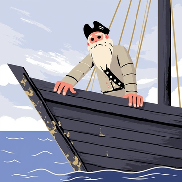 A ghostly figure of an old sailor with a long beard and tattered clothes leans on the railing of a deserted ship. The sailor's translucent form has a faint glow, giving him an ethereal presence. The ship has worn wooden planks, and barnacles cling to the sides, indicating age and abandonment. The background features a cloudy sky with hints of twilight, while the ocean waves gently lap against the hull of the ship. The sailor gazes out to sea, lost in thought, with a weathered tricorn hat resting on his head.