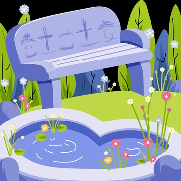 A tranquil garden illuminated by the moonlight, featuring a smooth stone bench with ornate carvings on the sides. A small pond sits nearby, reflecting the silver glow of the moon, surrounded by vibrant green plants. The scene includes delicate flowers blooming around the pond's edge, adding pops of color to the soft, muted tones of the night. Gentle ripples disturb the surface of the water, creating a sense of calm in the serene space.