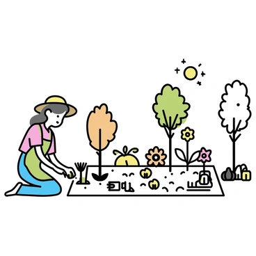 A gardener with a wide-brimmed hat, wearing a green apron, is tending to a garden that showcases the four seasons. On the left side, spring flowers bloom, featuring colorful tulips and daffodils. In the center, summer showcases vibrant sunflowers and lush green foliage. Moving to the right, autumn presents trees with orange and red leaves, alongside pumpkins resting on the ground. Finally, winter features bare branches and patches of snow. The gardener is kneeling, planting seeds in the earth, surrounded by a variety of gardening tools.
