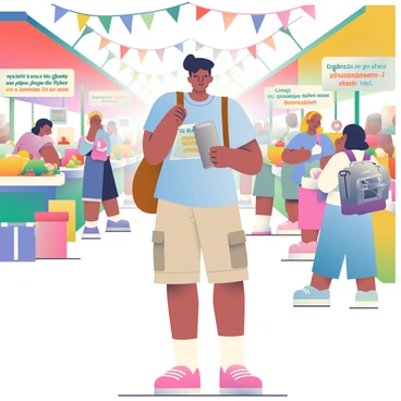 A traveler with tan skin and short black hair is standing in a bustling foreign market. They are holding a sleek, silver AI device in their right hand, which displays colorful translations of text. The traveler is wearing a light blue shirt and beige cargo shorts, with a brown backpack slung over one shoulder. Around them, various stalls are filled with vibrant fruits, spices, and handmade crafts. People can be seen interacting, buying goods, and chatting, while colorful banners and decorations hang overhead, creating an atmosphere of vibrant culture and exchange.