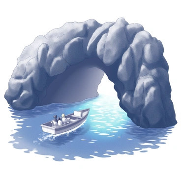 A small boat is approaching the entrance of the "Blue Grotto" cave. The boat is wooden, with a simple design and a few passengers sitting inside. The cave entrance is framed by rugged rock formations, creating an archway leading into the darkness of the cavern. The water inside the cave exhibits an ethereal glow, illuminating the area with a "magical blue" light. The surface of the water reflects the light, creating shimmering patterns that dance on the cave walls. The atmosphere is tranquil, with gentle ripples distorting the reflections as the boat moves forward.
