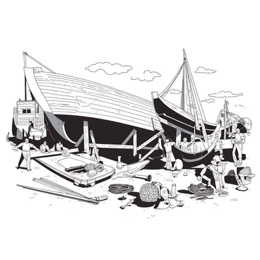 A scene depicting a Carthaginian shipyard bustling with activity. Several workers are actively engaged in building large wooden ships, using various tools such as hammers and chisels. The shipyard is filled with partially constructed ships resting on wooden supports. Some workers are applying a protective coating to the hull of a ship, while others are lifting heavy planks into place. Nearby, a group of men is repairing an anchor, with piles of ropes and tools scattered around them. The sky above is clear, allowing sunlight to illuminate the hard work taking place.