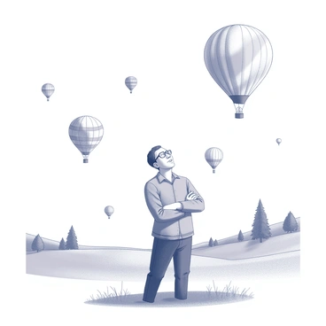 A figure of a man, representing "Professor Shonku," is standing with a look of wonder on his face, gazing upward. Around him, a variety of hot air balloons in different shapes and sizes are floating in the sky. The balloons display patterns and textures that suggest they are vibrant and eye-catching. The landscape below features grassy fields and a few scattered trees, adding context to the festival atmosphere. In the background, the sky is filled with various balloons, some ascending while others drift gracefully.