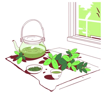 A white table is set for a cozy tea setup. On the table, there is a glass teapot filled with freshly brewed green tea, steam gently rising from the spout. Surrounding the teapot are fresh mint leaves, their vibrant green color contrasting with the warm tones of the wooden table. Nearby, there is a small white dish filled with loose green tea leaves. The scene is complemented by a couple of white teacups, each with delicate patterns, resting beside the teapot. Soft natural light filters through a nearby window, creating gentle shadows on the surface.