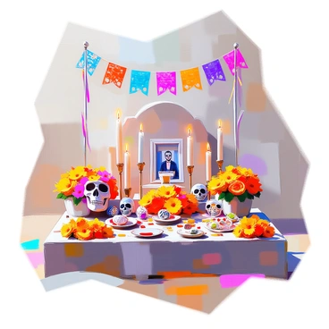A vibrant Day of the Dead altar set up at a grave, featuring an array of colorful decorations. The altar includes a variety of marigold flowers, their bright orange and yellow petals arranged in intricate patterns. Colorful papel picado banners flutter in the breeze above the altar, showcasing detailed cut-out designs. Candles of different heights are lit, casting a warm glow over the scene. Photographs of departed loved ones are carefully placed on the altar, surrounded by personal items and offerings such as sugar skulls, traditional foods, and decorative papel maché figures. The grave is adorned with a rich tapestry of colors, reflecting the spirit of the celebration.