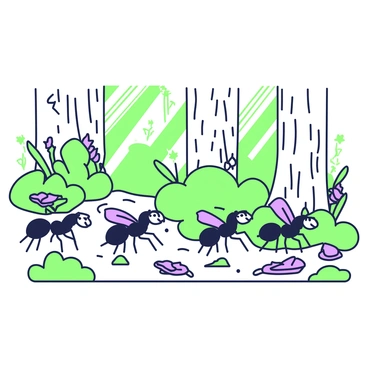 A line of ants is marching along a forest floor covered with fallen leaves and small twigs. Each ant is distinct, some carrying small food items such as seeds and leaves, while others transport tiny fragments of wood. The forest floor is illuminated by dappled sunlight filtering through the canopy above, creating patterns on the ground. Surrounding the ants, there are patches of vibrant green moss and delicate purple flowers peeking through the underbrush. In the background, tree trunks rise up, their bark textured and rugged.