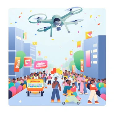 A drone with sleek design and four rotors is hovering high above a lively street parade. Below, a diverse crowd of people dressed in colorful costumes is marching along the street, some holding banners that read “Unity” and “Celebration.” Brightly decorated floats are moving through the parade, adorned with flowers and balloons in shades of red, yellow, and blue. Confetti is falling from the sky, creating a festive atmosphere. The background features tall buildings with banners hanging from them, and a clear blue sky overhead.